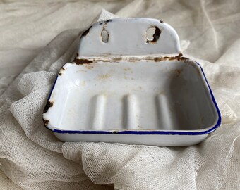 French Country Farmhouse Chic Vintage Cottage WHITE Enamelware Soap Dish Holder 
