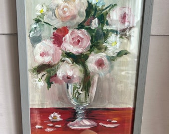 Vintage Oil Painting, Floral Still Life/ Flower Bouquet. Gift for Mother’s Day. Pink Roses Peonies & Cosmos, County Living Brocante Home Dec