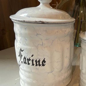 Antique French Canisters Storage/ Vintage Enamelware Jars. Farine&#39; & Riz / Rustic Farmhouse House Warming gift / ONE to choose