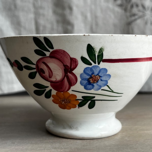 Antique French Cafe au Lait Bowl / Vintage Floral Dish. Pink Yellow Blue Flowers/ Faiance Bowl. Rustic Farmhouse Kitchen Home Decor