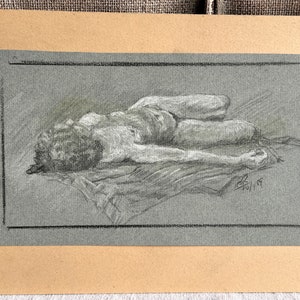 Vintage Life Drawing to Frame, Original Figure Graphite & Chalk Study Artwork by H R Rishworth, image 1