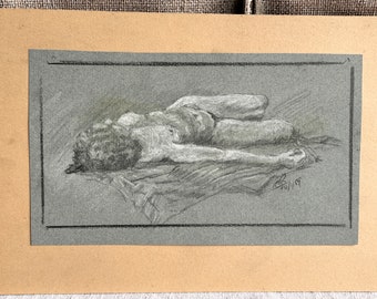 Vintage Life Drawing to Frame, Original Figure Graphite & Chalk Study Artwork by H R Rishworth,