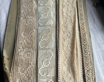 Antique Laces, Vintage Needlepoint, Filet & Bobbin Lace Remnants. Vintage Wedding Period Costume/Sewing Projects 4pc