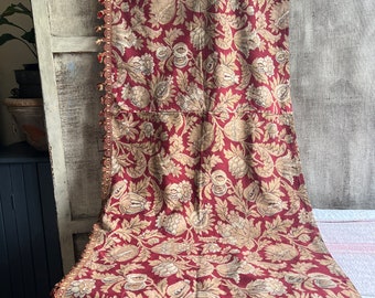 Antique Red Fabric Curtain Pelmet & Pompom Braid Textile, French Country Home