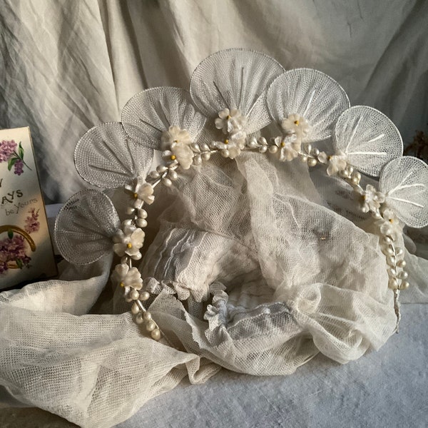 Vintage Wedding Tiara, Antique Wax Buds, Bridal Flower Crown, Velvet Blossoms & Tulle. Edwardian Bridesmaids. Period Costume. Boudoir Chic
