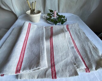 Antique Linen & Hemp Tea Towel / Red White Ticking Stripes Rustic Decor Textile Farmhouse Kitchen, 1pc
