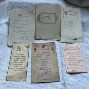 Vintage French Menu/ Antique Recipe Cards, Vintage Wedding Reception. Paper Ephemera. Props Scrapbook Supplies - Notes/ 6pc