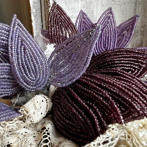Vintage Bead Leaves, Millinery Flower/ Corsage Buttonhole/ Purple or Mauve, French Beadwork, Vintage Wedding Period Costume Drama, Hats/ 5pc image 3
