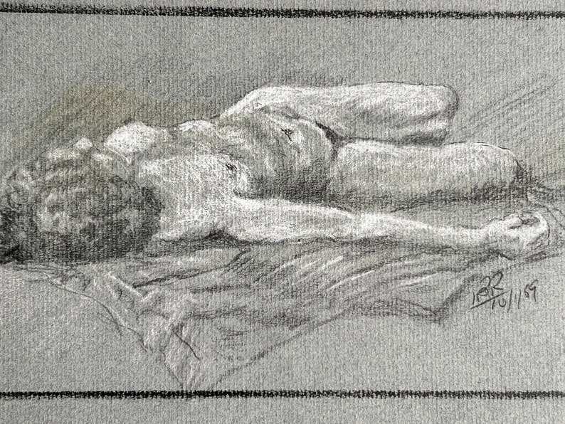 Vintage Life Drawing to Frame, Original Figure Graphite & Chalk Study Artwork by H R Rishworth, image 2