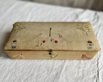 Antique Sampler Sewing Box Primitive Birds & Trees