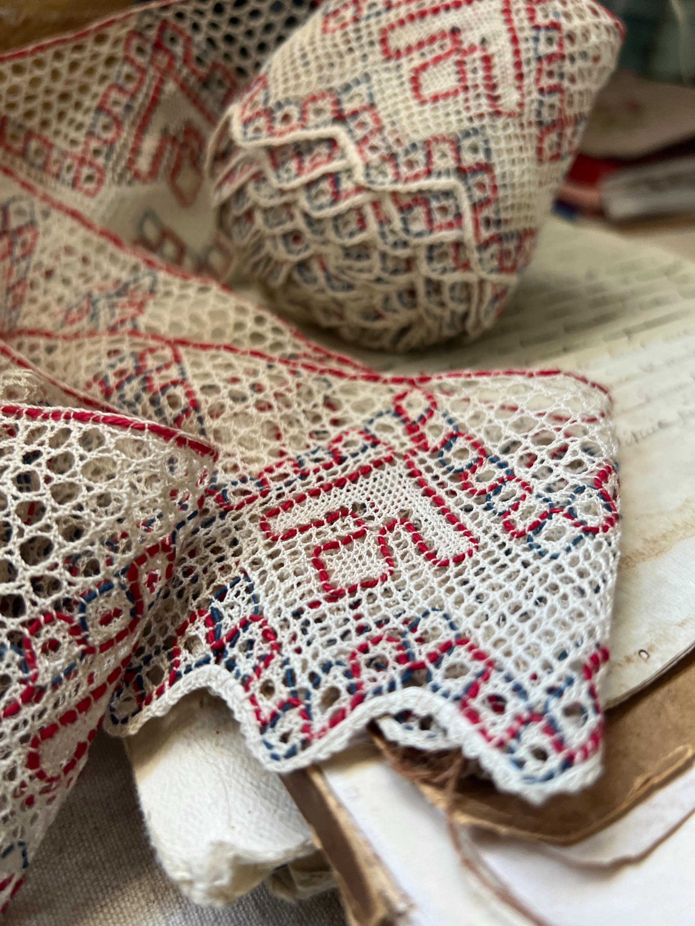 Vintage Bobbin Lace Trim, Red White Blue Embroidery, French ...