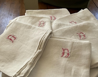 Vintage Serviettes, Letters DB Cotton Towels Damask Napkins, French Table Linen /PAIR