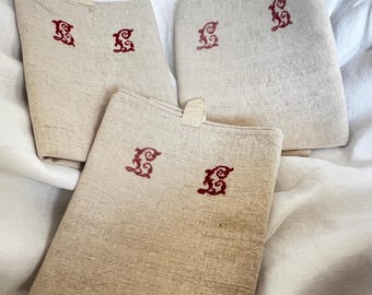 Vintage Hemp & Linen Tea Towels w/ LL Monograms. Set with Red Stripes Rustic French Charm Kitchen Decor, TWO
