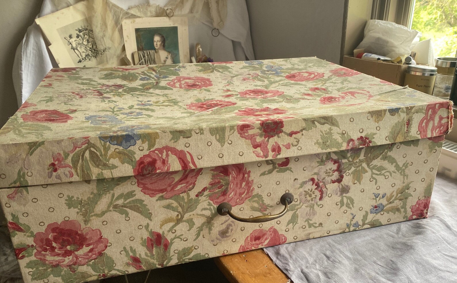 Antique Fabric Box, Huge Vintage Fabric. Pink Floral Storage Box, Home