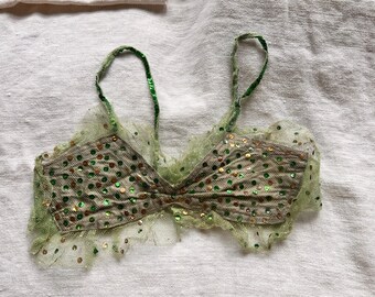 Antique Costume, Vintage Teen Showgirl Brassiere. Green Tulle & Sequins,  Trapeze Artist Knickers. Circus Performer. Boho Period Drama