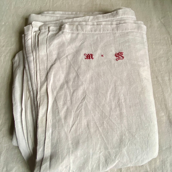 Antique Linen 19C Double Sheet, Pure White Linen & Red Monogram MS, Vintage French Bedding. Linge Ancien/ Country Brocante Decor/ 81" x 98"