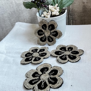Vintage Appliqués Silver & Black Flowers 1930s Art Deco Metallic Millinery Titanic Era/ 4pc