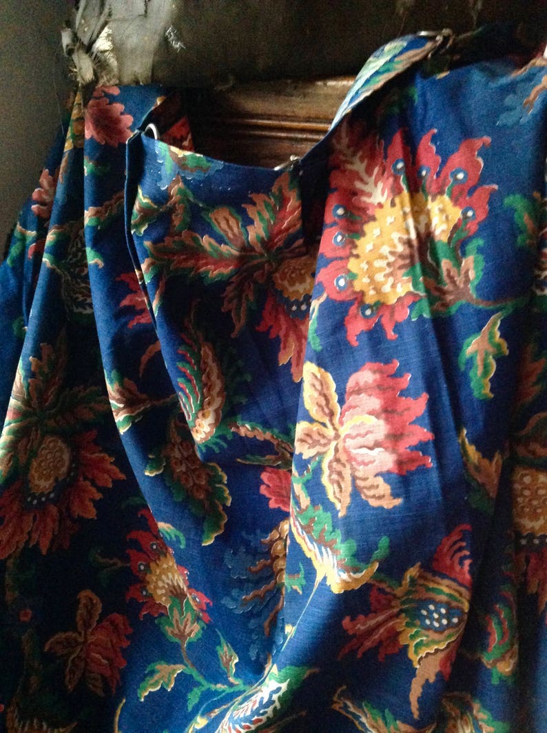 Vintage French Fabric Blue Floral Jacobean Style Curtain Etsy