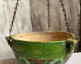 Antique Hanging Flower Planter, French Glazed Terracotta Green Floral 19th