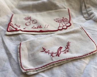 Vintage Napkin Case, White Cotton Linen, Red Bird & Cherries Embroidery, French Linen, 1930s Rustic Home Decor/ ONE pc
