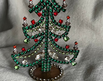 Vintage Christmas Decoration, Xmas Tree. Green  Red Rhinestones. Festive Decor Antique Xmas Gift Holiday Shabby Chic Boudoir