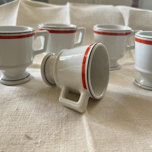 Vintage French Brulot Coffee Cups: Porcelaine d&#39;Auteuil, Orange Stripe Bistro Decor