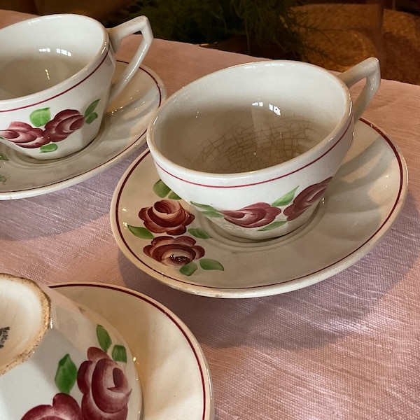 Vintage Cups & Saucers, PAIR Tea Coffee Cups, French Tea Party Table, Floral Ceramic Crockery/ 2pc / Brocante Find!