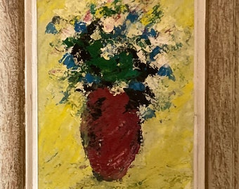 Floral Oil Painting, French Still Life/ Yellow Red Vase & Flowers Bouquet. Oil on Board. Impressionist Style- County Living. French Decor