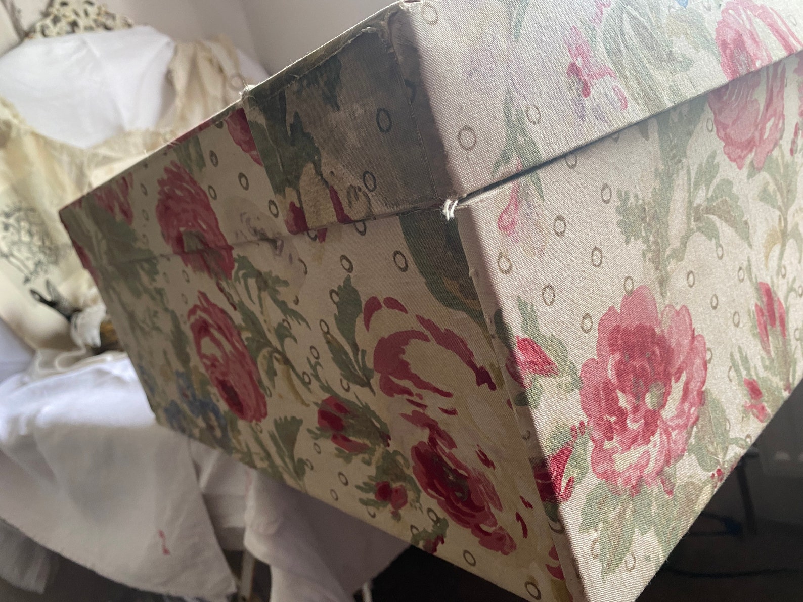 Antique Fabric Box, Huge Vintage Fabric. Pink Floral Storage Box, Home