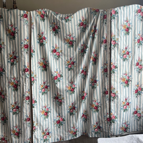 Vintage Fabric Panel, Blue Stripes & Pink Roses. Floral Cafe Curtains. Gift for Home, French Decor Furnishings, Cotton Textiles
