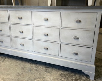 Vintage Furniture. Dove grey Sideboard. 12pc Drawer Unit, French Furniture. Kitchen Dinner, Farmhouse Interior Decoration/ Stunning!