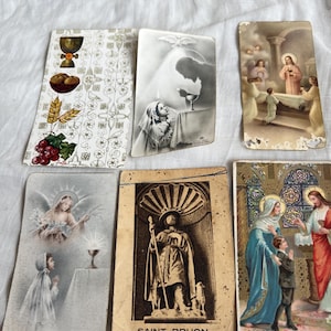 Tarjetas vintage de Primera Comunión y Peregrinación, recuerdos católicos belgas, cáliz de ángeles, años 20-70, accesorios coleccionables para teatro de época, 6 piezas