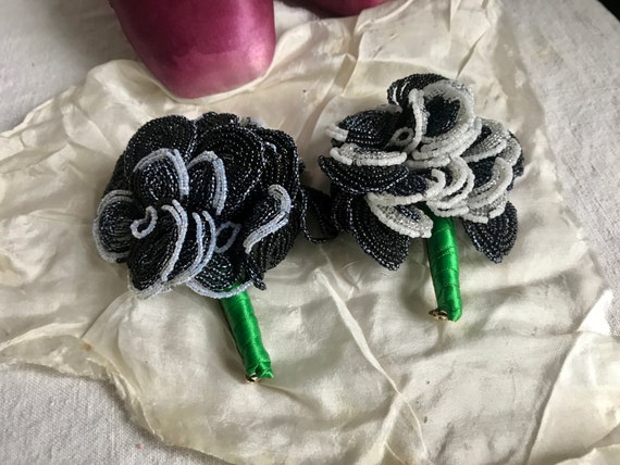 Vintage Beaded Flower Brooch: Black & White Corsage, Handmade Millinery for Period Costume/ ONE