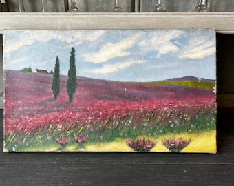 Vintage Oil Painting, Lavender Fields & Cypress Trees. Wall Art / Mauve Pink Blue. BrocanteArt- County Living Decor