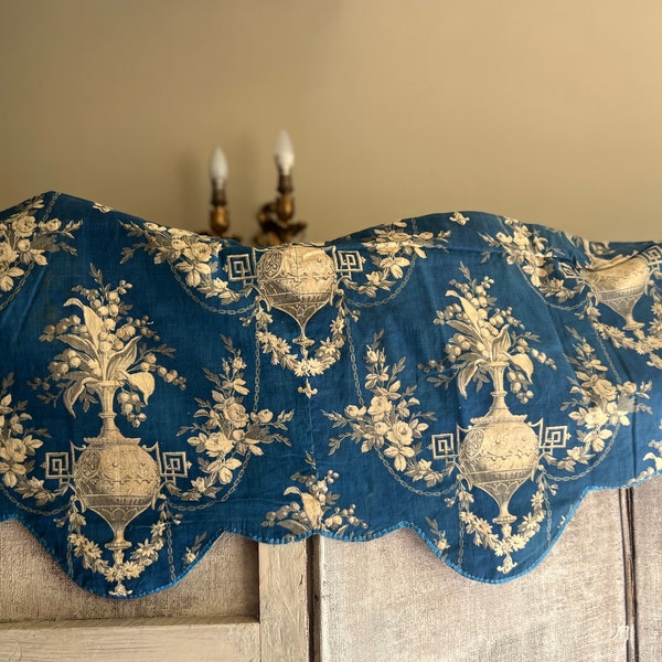 Antique Fabric. French ToilePanel Pelmet. Vintage Blue Textile, Floral Garlands & Urns. French Decor. Chateau Chic. Interior Home Decor