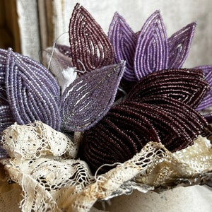 Vintage Bead Leaves, Millinery Flower/ Corsage Buttonhole/ Purple or Mauve, French Beadwork, Vintage Wedding Period Costume Drama, Hats/ 5pc image 1