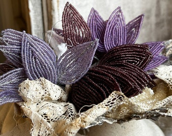 Vintage Bead Leaves, Millinery Flower/ Corsage Buttonhole/ Purple or Mauve, French Beadwork, Vintage Wedding Period Costume Drama, Hats/ 5pc