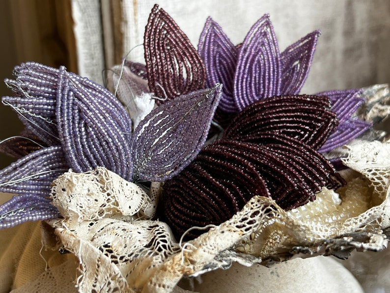 Vintage Bead Leaves, Millinery Flower/ Corsage Buttonhole/ Purple or Mauve, French Beadwork, Vintage Wedding Period Costume Drama, Hats/ 5pc image 1
