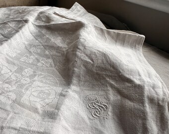 Antique Towel, Embroidered Monogram, Vintage French Serviette. Cotton Damask Napkin. Vintage Wedding Gift French Dining/ One!