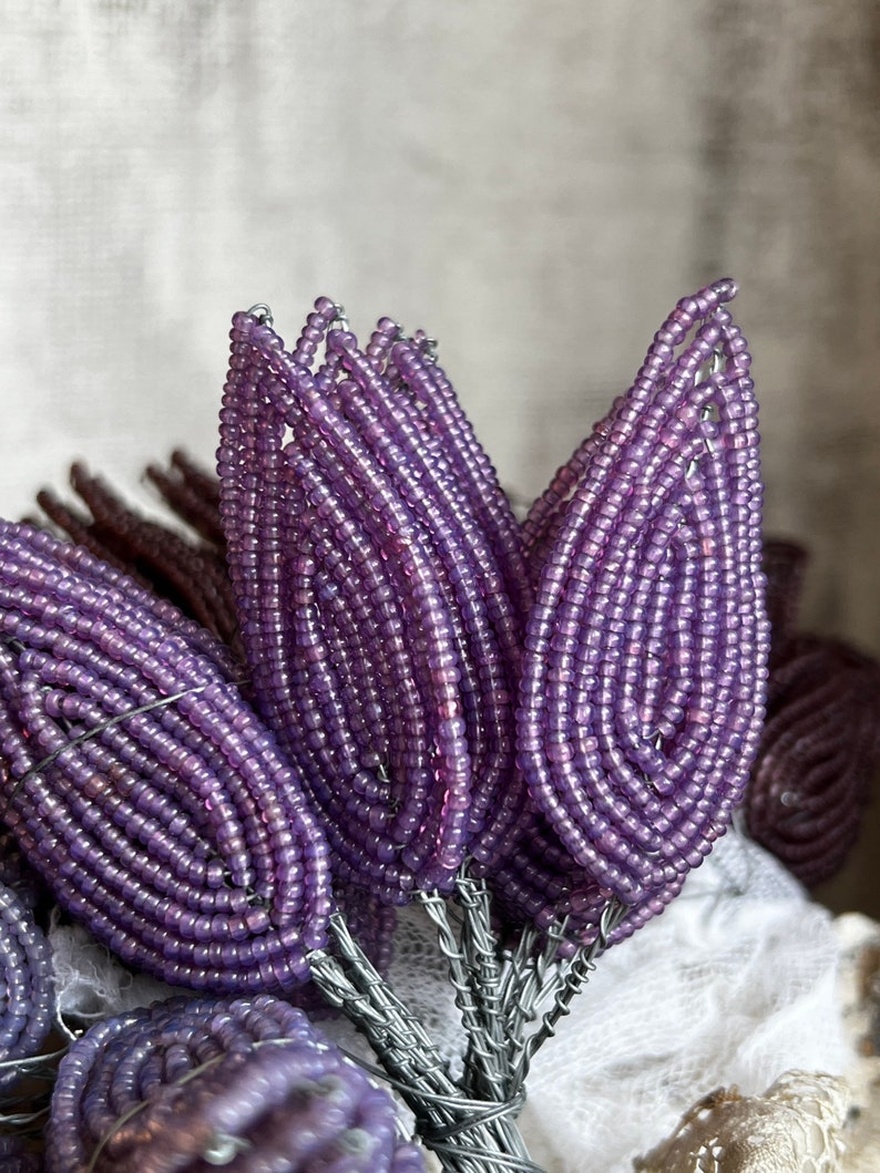 Vintage Bead Leaves, Millinery Flower/ Corsage Buttonhole/ Purple or Mauve, French Beadwork, Vintage Wedding Period Costume Drama, Hats/ 5pc image 6