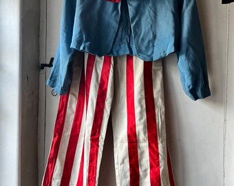 Antique Costume, Red White Stripe Trousers, Blue Clown Bolero. Child's Dress up Box. Theatre & Circus 1930s. Commedia dell'Arte French Opera