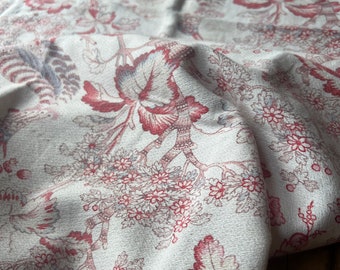 Vintage Fabric, French Decor. Antique fabric Panel. Cotton Cretonne. Floral Textile, Pink Branches & Birds of paradise, Decorative Antiques
