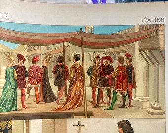 Antieke print, Le Costume Historique van Racinet / Italia Renaissance dress & Living