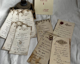 Vintage French Menu/ Antique Table Cards & Menus, Old Paper Ephemera. Props Scrapbook Supplies - Notes/ 5pc