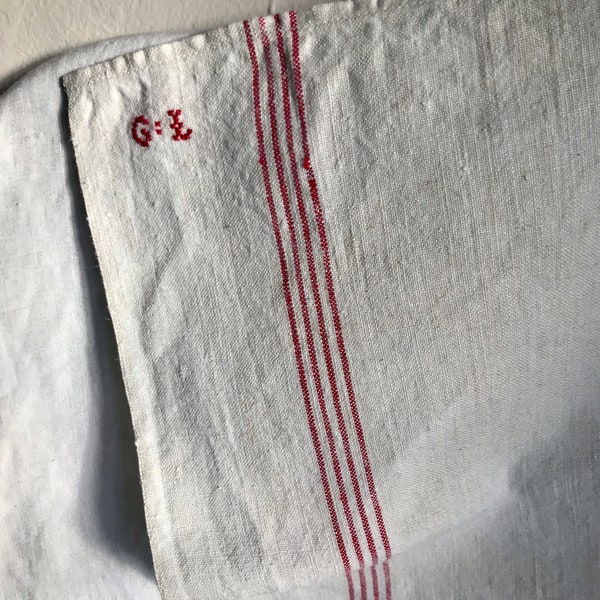 Vintage Tea Towel with red Monogram Letters GL, White Linen & Red Stripes Dishcloths /Gift Kitchen Decor /2pc