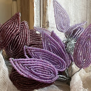 Vintage Bead Leaves, Millinery Flower/ Corsage Buttonhole/ Purple or Mauve, French Beadwork, Vintage Wedding Period Costume Drama, Hats/ 5pc image 8