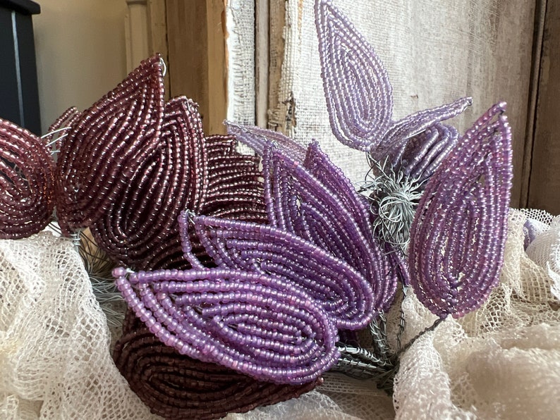 Vintage Bead Leaves, Millinery Flower/ Corsage Buttonhole/ Purple or Mauve, French Beadwork, Vintage Wedding Period Costume Drama, Hats/ 5pc image 8