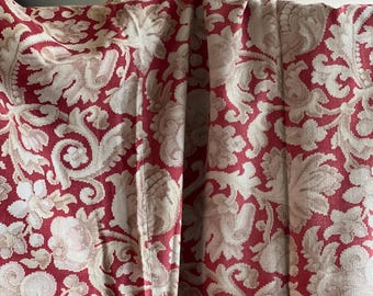Antique Floral Cotton Cretonne Fabric Panel: Crimson Red Textile (92” x 42”)