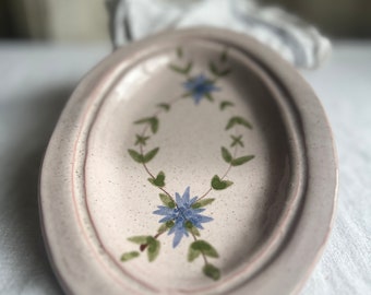 Vintage French Plate. Floral Pottery dish from Nesmy. Blue Cornflowers & Green Scroll Vines. Home Decor Collectible, Decorative Plate