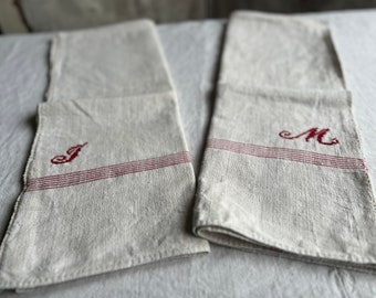 Vintage Linen Tea Towel Monogram M or J, Stripes Dishcloth / Housewarming gift / 1pc